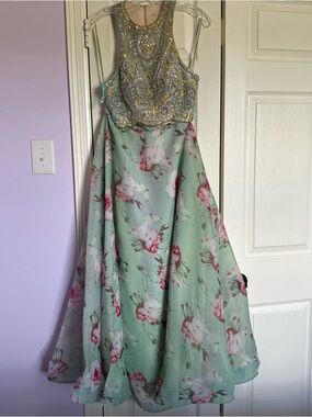 Beaded Halter Floral Ball Gown Dress - Mint & Pink